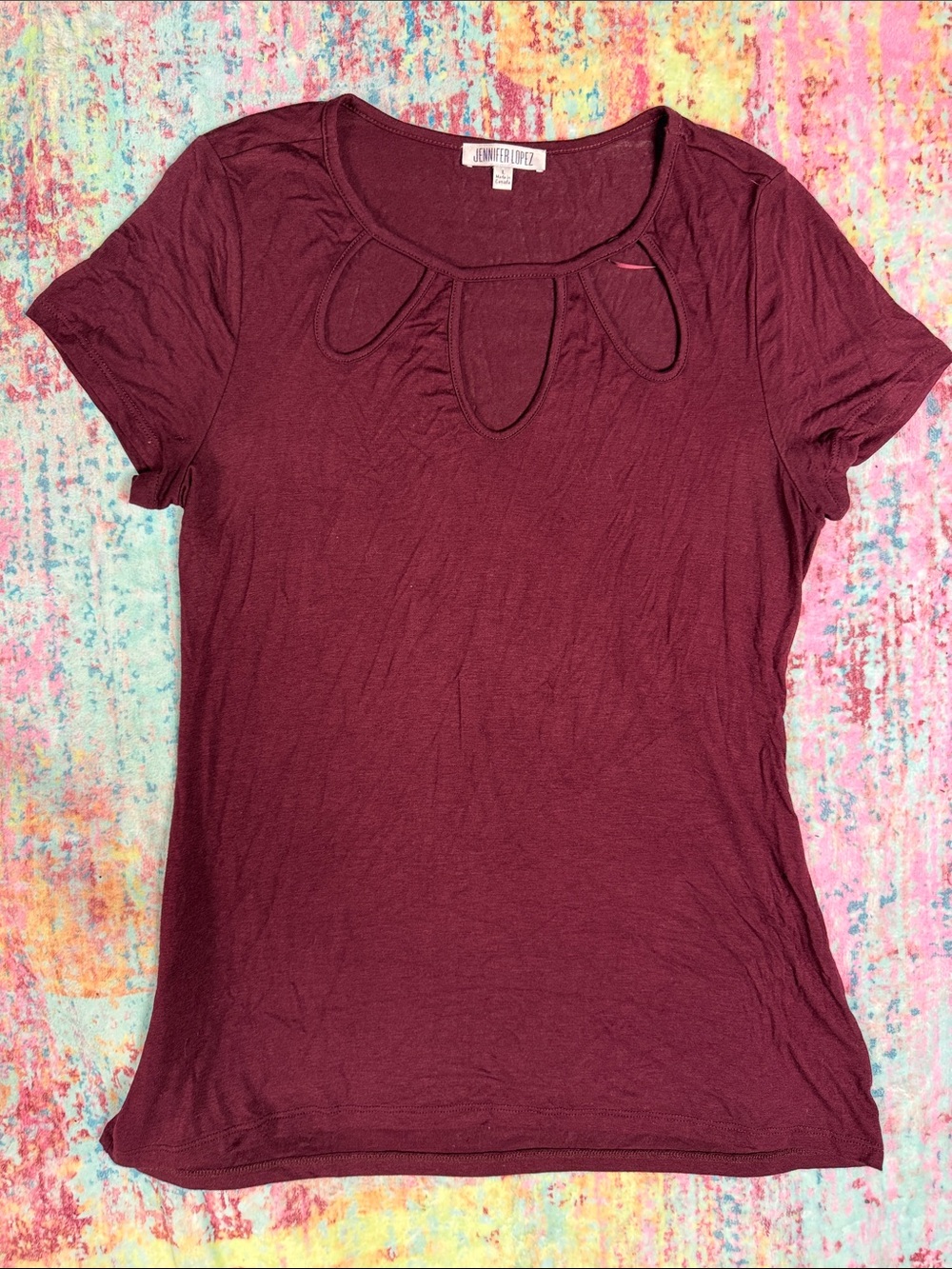 Jennifer Lopez Women's Short Sleeve Wine Keyhole Detail Top